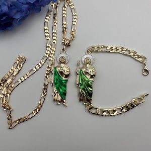 St Jude Gold Plated Necklace & Bracelet 24” Long Chain - 8.5” bracelet